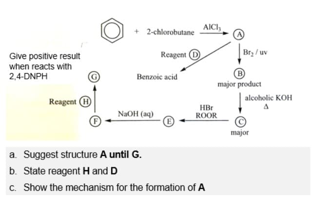 + 2-chlorobutane
AICI,
(A
Give positive result
Reagent
Br2 / uv
when reacts with
B
major product
2,4-DNPH
Benzoic acid
alcoholic KOH
Reagent (H
HBr
ROOR
NaOH (aq)
(E)
major
a. Suggest structure A until G.
b. State reagent H and D
c. Show the mechanism for the formation of A
