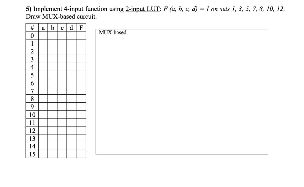 5) Implement 4-input function using 2-input LUT: F (a, b, c, d) = 1 on sets 1, 3, 5, 7, 8, 10, 12.
Draw MUX-based curcuit.
#
0
1
2
3
4
5
6
7
8
9
10
11
12
13
14
15
a b с d F
MUX-based