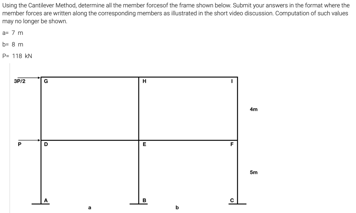 Using the Cantilever Method, determine all the member forcesof the frame shown below. Submit your answers in the format where the
member forces are written along the corresponding members as illustrated in the short video discussion. Computation of such values
may no longer be shown.
a= 7 m
b= 8 m
P= 118 kN
ЗР/2
G
H
4m
P
E
F
5m
A
В
a
b
