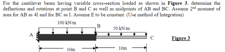 For the cantilever beam having variable cross-section loaded as shown in Figure 3, determine the
deflections and rotations at point B and C as well as midpoints of AB and BC. Assume 2nd moment of
area for AB as 41 and for BC as I. Assume E to be constant. (Use method of Integration)
100 kN/m
B
50 kN/m
А
C
Figure 3
10m
10m
