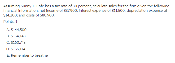 Assuming Sunny-D Cafe has a tax rate of 30 percent, calculate sales for the firm given the following
financial information: net income of $37,900; interest expense of $11,500; depreciation expense of
$14,200; and costs of $80,900.
Points: 1
A. $144,500
B. $154,143
C. $160,743
D. $165,114
E. Remember to breathe