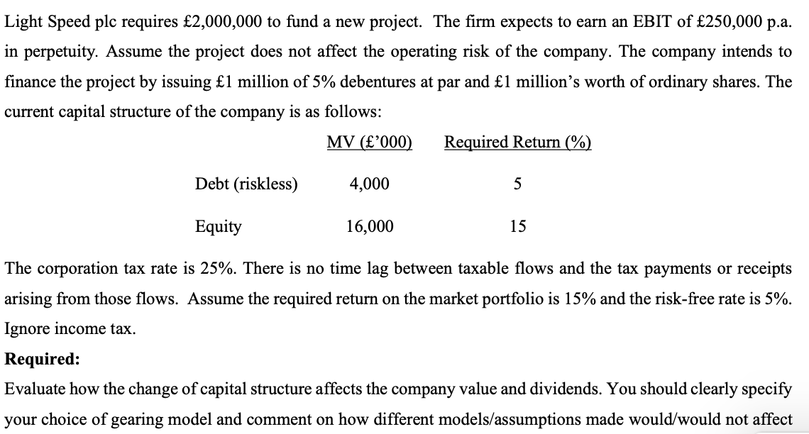 Light Speed plc requires £2,000,000 to fund a new project. The firm expects to earn an EBIT of £250,000 p.a.
in perpetuity. Assume the project does not affect the operating risk of the company. The company intends to
finance the project by issuing £1 million of 5% debentures at par and £1 million's worth of ordinary shares. The
current capital structure of the company is as follows:
MV (£'000)
Debt (riskless)
4,000
16,000
Required Return (%)
5
Equity
The corporation tax rate is 25%. There is no time lag between taxable flows and the tax payments or receipts
arising from those flows. Assume the required return on the market portfolio is 15% and the risk-free rate is 5%.
Ignore income tax.
15
Required:
Evaluate how the change of capital structure affects the company value and dividends. You should clearly specify
your choice of gearing model and comment on how different models/assumptions made would/would not affect