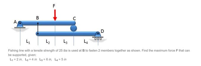 F
B
A
D
L2
L3
L4
Fishing line with a tensile strength of 25 lbs is used at B to fasten 2 members together as shown. Find the maximum force F that can
be supported, given:
L, = 2 in, L2 = 4 in L3 = 6 in, L4 = 5 in
