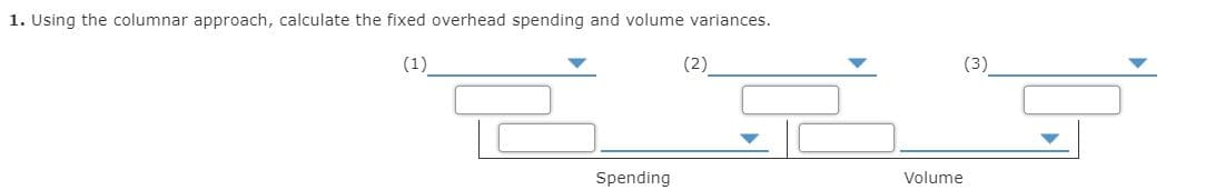 1. Using the columnar approach, calculate the fixed overhead spending and volume variances.
(1)
(2)
(3)
Spending
Volume
