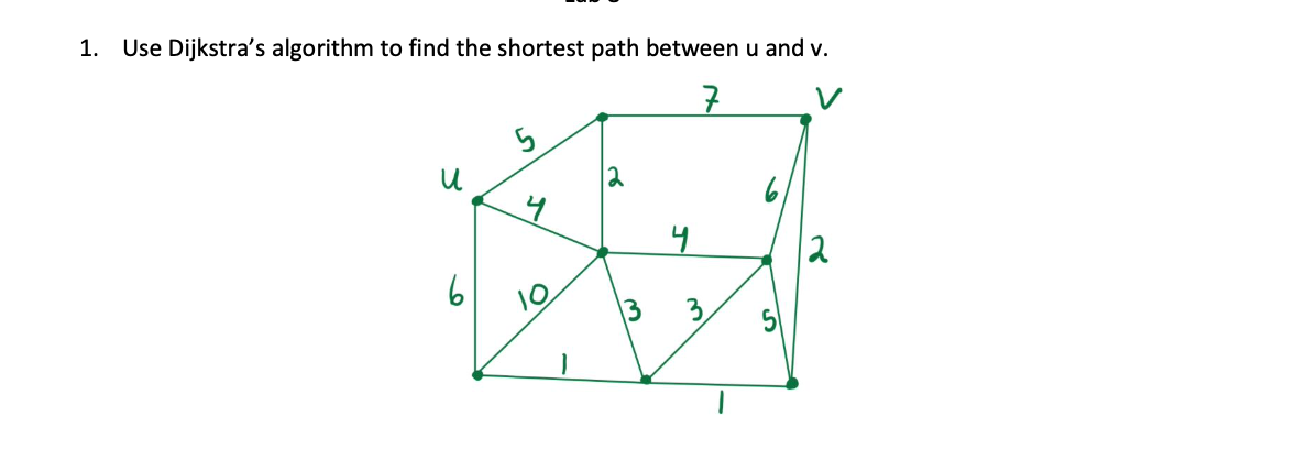 1. Use Dijkstra's algorithm to find the shortest path between u and v.
}
u
។
3
។
3,