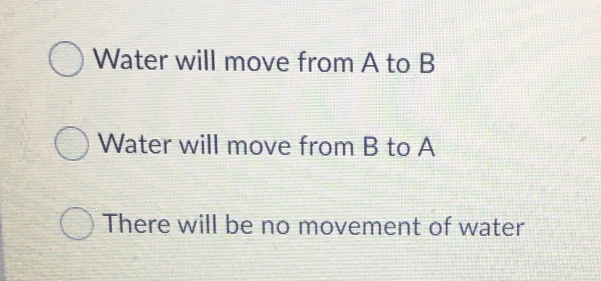 Water will move from A to B
Water will move from B to A
O There will be no movement of water
