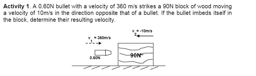 Activity 1. A 0.60N bullet with a velocity of 360 m/s strikes a 90N block of wood moving
a velocity of 10m/s in the direction opposite that of a bullet. If the bullet imbeds itself in
the block, determine their resulting velocity.
v = -10m/s
v. = 360m/s
90N
0.60N
