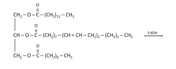 0
||
CH,-O-C-(CH2)2 – CH3
O
||
CH-O - C - (CH2), – (CH = CH – CH2)2 – (CH2)3 – CH3
O
||
CH,- O-C-(CH2)8 – CH3
-
3 KOH