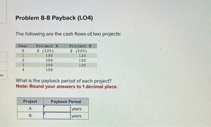 es
Problem 8-8 Payback (LO4)
The following are the cash flows of two projects:
Year
0
1
2
3
Project A
$ (220)
100
100
100
100
Project
A
B
Project B
$ (220)
120
120
120
What is the payback period of each project?
Note: Round your answers to 1 decimal place.
Payback Period
years
years