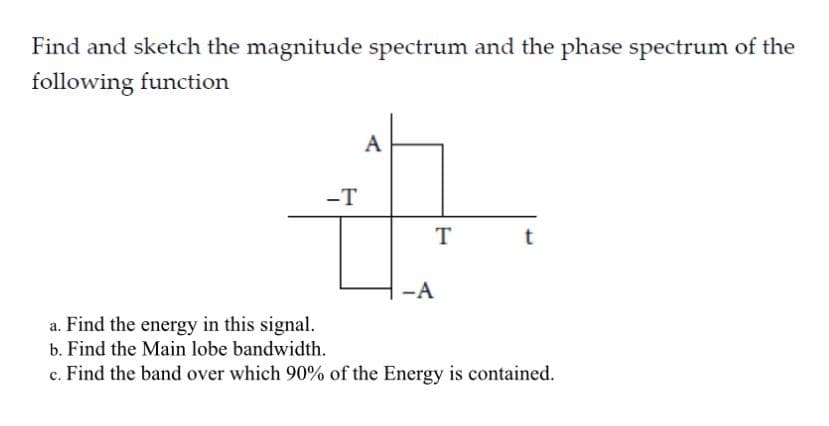 Find and sketch the magnitude spectrum and the phase spectrum of the
following function
-T
A
T
-A
t
a. Find the energy in this signal.
b. Find the Main lobe bandwidth.
c. Find the band over which 90% of the Energy is contained.