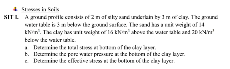 Stresses in Soils
SIT I. A ground profile consists of 2 m of silty sand underlain by 3 m of clay. The ground
water table is 3 m below the ground surface. The sand has a unit weight of 14
kN/m³. The clay has unit weight of 16 kN/m³ above the water table and 20 kN/m³
below the water table.
a. Determine the total stress at bottom of the clay layer.
b. Determine the pore water pressure at the bottom of the clay layer.
c. Determine the effective stress at the bottom of the clay layer.
