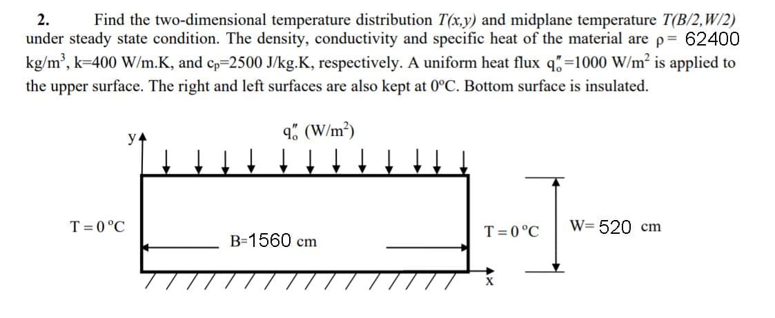 Find the two-dimensional temperature distribution T(x,y) and midplane temperature T(B/2,W/2)
under steady state condition. The density, conductivity and specific heat of the material are p= 62400
kg/m', k-400 W/m.K, and cp=2500 J/kg.K, respectively. A uniform heat flux q%=1000 W/m² is applied to
2.
the upper surface. The right and left surfaces are also kept at 0°C. Bottom surface is insulated.
9% (W/m³)
y4
T = 0 °C
T = 0°C
W= 520 cm
B=1560 cm
