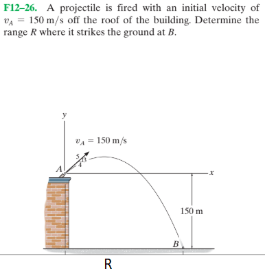 F12–26. A projectile is fired with an initial velocity of
va = 150 m/s off the roof of the building. Determine the
range R where it strikes the ground at B.
VA = 150 m/s
150 m
