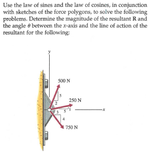 Use the law of sines and the law of cosines, in conjunction
with sketches of the force polygons, to solve the following
problems. Determine the magnitude of the resultant R and
the angle e between the x-axis and the line of action of the
resultant for the following:
500 N
250 N
750 N
