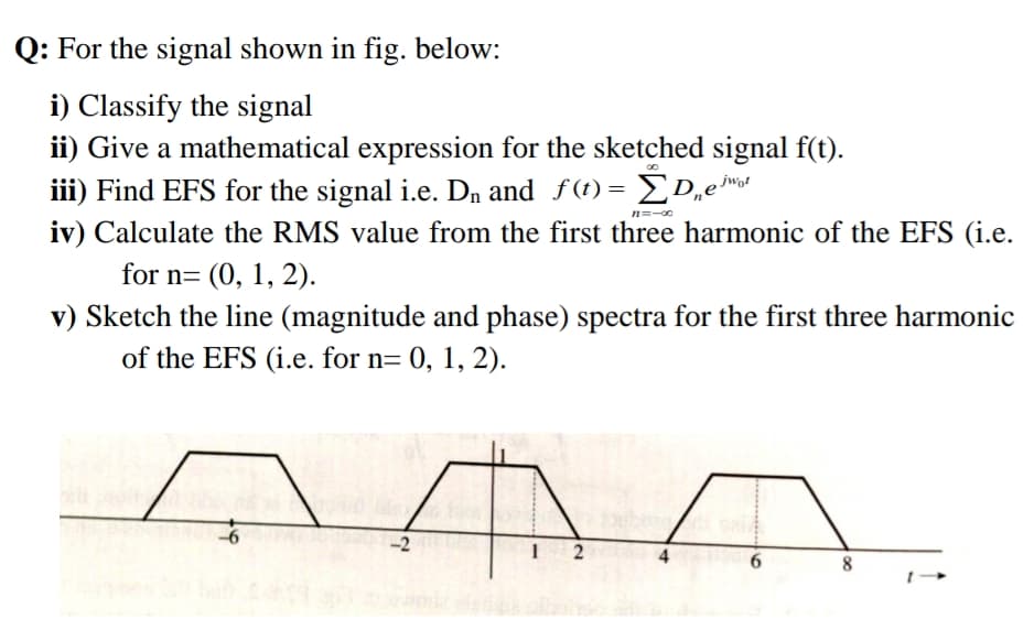 Q: For the signal shown in fig. below:
i) Classify the signal
ii) Give a mathematical expression for the sketched signal f(t).
iii) Find EFS for the signal i.e. Dn and f(t) = ED„e™o
n=-o0
iv) Calculate the RMS value from the first three harmonic of the EFS (i.e.
for n= (0, 1, 2).
v) Sketch the line (magnitude and phase) spectra for the first three harmonic
of the EFS (i.e. for n= 0, 1, 2).
-2
8
6
