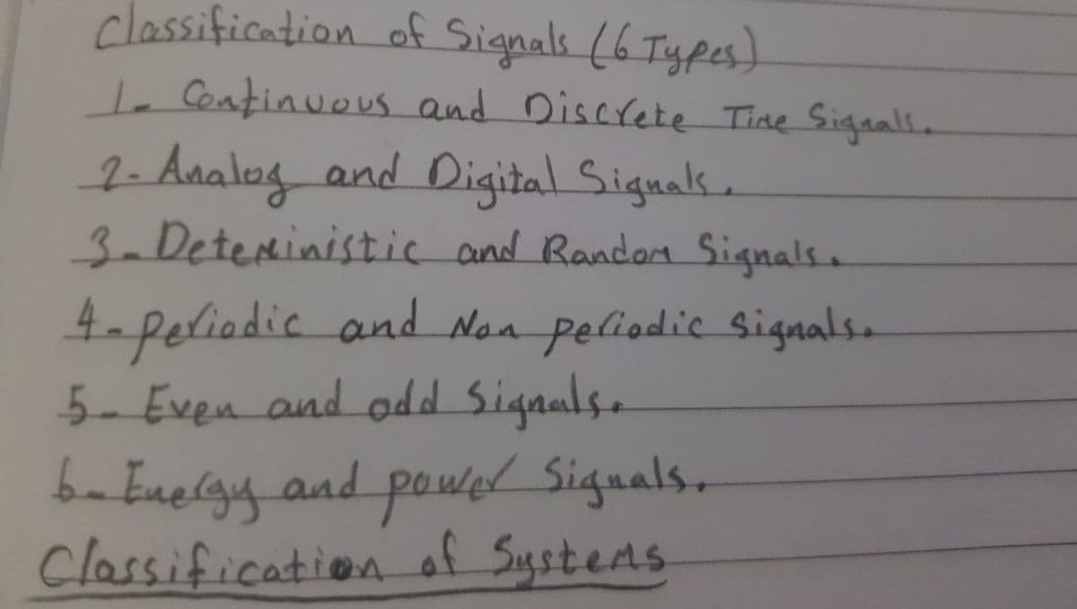 classification of Signals (6 Types)
te Continuous and Discrete Time Signalsa
2- Aaalag and Digital Siguals.
3-Deteministic and Randon Signals.
4-peliadic and Non peliodic signals.
5-Even and odd Signals.
baEuelgy and powel Siguals.
Classification of Systens
