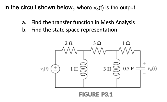 In the circuit shown below, where vo(t) is the output.
a. Find the transfer function in Mesh Analysis
b. Find the state space representation
12
v;(t)
1 H
3 H
0.5 F
vo(t)
FIGURE P3.1
