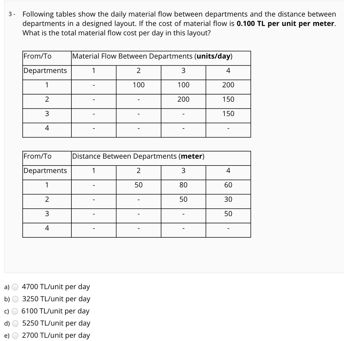 3- Following tables show the daily material flow between departments and the distance between
departments in a designed layout. If the cost of material flow is 0.100 TL per unit per meter.
What is the total material flow cost per day in this layout?
From/To
Material Flow Between Departments (units/day)
Departments
1
2
3
4
1
100
100
200
200
150
3
150
4
From/To
Distance Between Departments (meter)
Departments
1
2
4
1
50
80
60
50
30
3
50
4
a)
4700 TL/unit per day
b)
3250 TL/unit per day
c) O 6100 TL/unit per day
d) O 5250 TL/unit per day
2700 TL/unit per day
