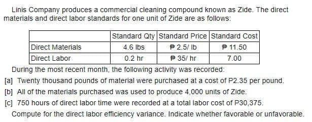 Linis Company produces a commercial cleaning compound known as Zide. The direct
materials and direct labor standards for one unit of Zide are as follows:
Standard Qty Standard Price Standard Cost
4.6 lbs
P 11.50
7.00
Direct Materials
P2.5/lb
Direct Labor
0.2 hr
35/ hr
During the most recent month, the following activity was recorded:
[a] Twenty thousand pounds of material were purchased at a cost of P2.35 per pound.
[b] All of the materials purchased was used to produce 4,000 units of Zide.
[c] 750 hours of direct labor time were recorded at a total labor cost of P30,375.
Compute for the direct labor efficiency variance. Indicate whether favorable or unfavorable.