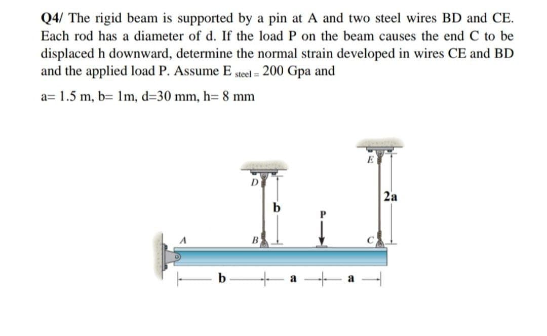 Q4/ The rigid beam is supported by a pin at A and two steel wires BD and CE.
Each rod has a diameter of d. If the load P on the beam causes the end C to be
displaced h downward, determine the normal strain developed in wires CE and BD
and the applied load P. Assume E steel = 200 Gpa and
a= 1.5 m, b= 1m, d=30 mm, h= 8 mm
E
D
2а
B
a
a
