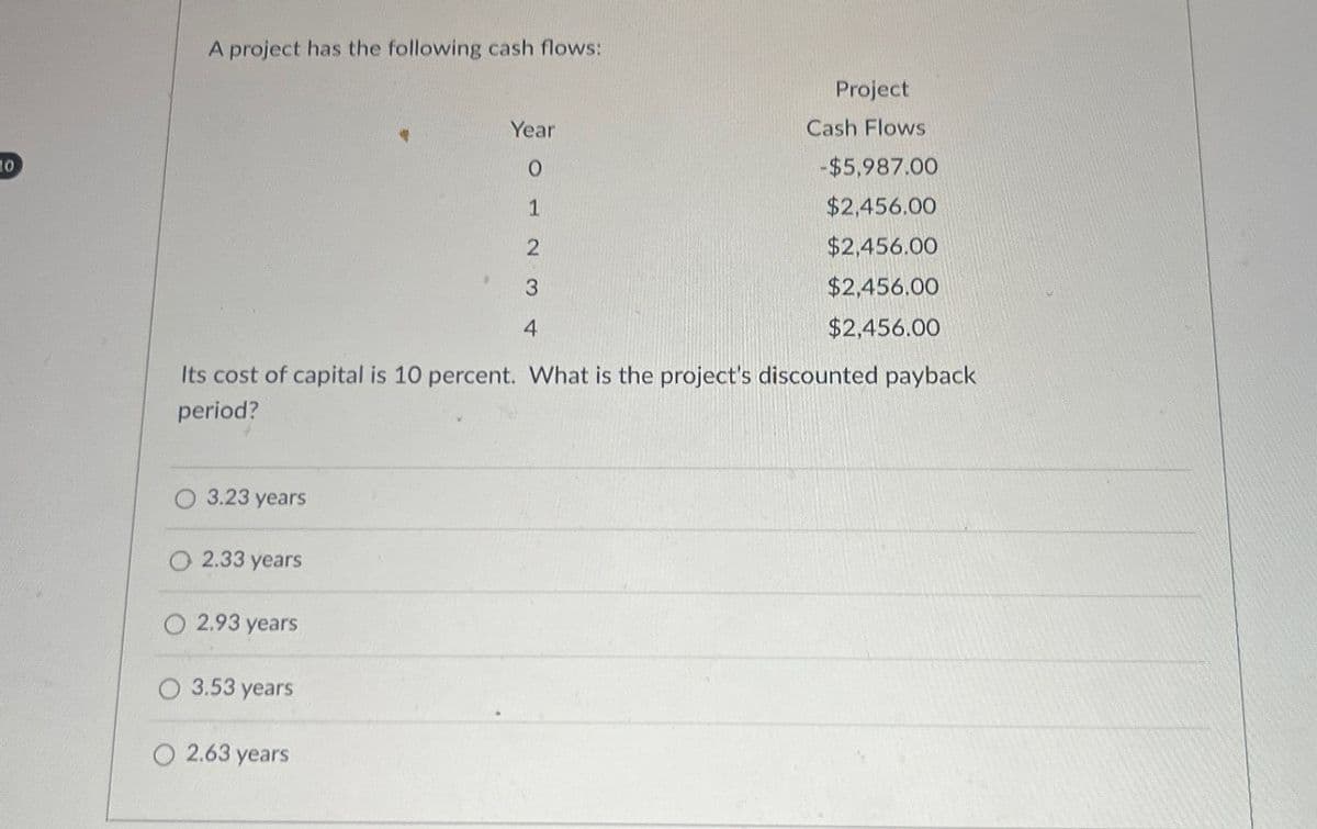 10
A project has the following cash flows:
Year
0
1
234
Project
Cash Flows
-$5,987.00
$2,456.00
$2,456.00
$2,456.00
$2,456.00
Its cost of capital is 10 percent. What is the project's discounted payback
period?
O 3.23 years
2.33 years
2.93 years
3.53 years
2.63 years