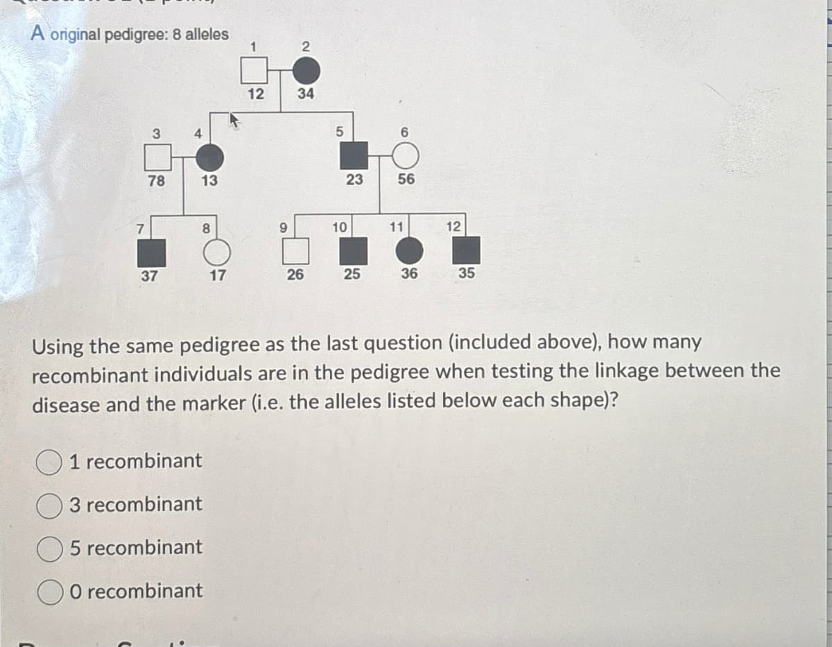 A original pedigree: 8 alleles
3
78
13
1
2
12
34
34
5
6
23
56
7
8
9
10
11
12
37
17
26
25
36
35
Using the same pedigree as the last question (included above), how many
recombinant individuals are in the pedigree when testing the linkage between the
disease and the marker (i.e. the alleles listed below each shape)?
1 recombinant
3 recombinant
5 recombinant
O recombinant