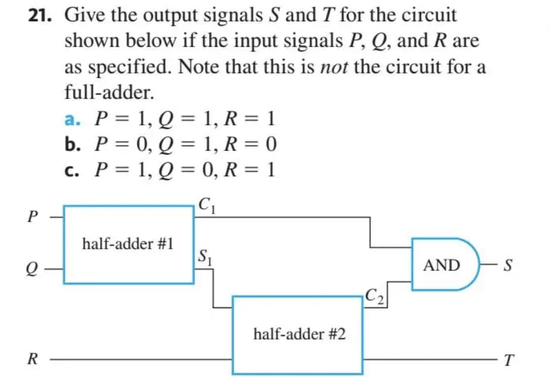 21. Give the output signals S and I for the circuit
shown below if the input signals P, Q, and R are
as specified. Note that this is not the circuit for a
full-adder.
P
Q
R
a. P = 1, Q =
b. P = 0, Q =
c. P = 1, Q =
half-adder #1
1, R = 1
1, R = 0
0, R = 1
C₁
S₁
half-adder #2
C₂
AND
S
T