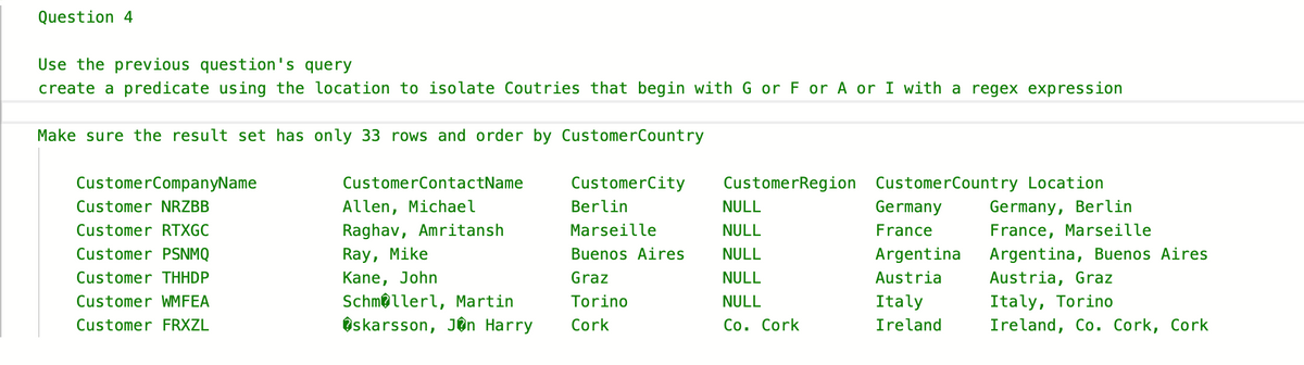 Question 4
Use the previous question's query
create a predicate using the location to isolate Coutries that begin with G or F or A or I with a regex expression
Make sure the result set has only 33 rows and order by Customer Country
Customer CompanyName
Customer NRZBB
Customer RTXGC
Customer PSNMQ
Customer THHDP
Customer WMFEA
Customer FRXZL
CustomerContactName
Allen, Michael
Raghav, Amritansh
Ray, Mike
Kane, John
Schmollerl, Martin
@skarsson, Jon Harry
CustomerCity
Berlin
Marseille
Buenos Aires
Graz
Torino
Cork
CustomerRegion
NULL
NULL
NULL
NULL
NULL
Co. Cork
CustomerCountry Location
Germany
France
Argentina
Austria
Italy
Ireland
Germany, Berlin
France, Marseille
Argentina, Buenos Aires
Austria, Graz
Italy, Torino
Ireland, Co. Cork, Cork