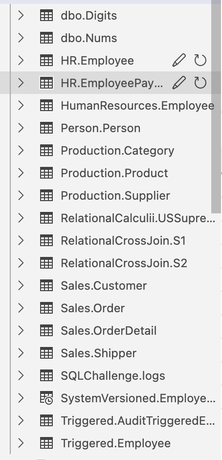 >
dbo.Digits
dbo.Nums
HR.Employee
HR.EmployeePay...
Human Resources.Employee
Person. Person
Production.Category
Production.Product
Production. Supplier
Relational Calculii.USSupre...
Relational CrossJoin.S1
Relational CrossJoin.S2
Sales.Customer
Sales.Order
Sales.OrderDetail
Sales.Shipper
SQLChallenge.logs
SystemVersioned.Employe...
Triggered.Audit Triggered E...
Triggered. Employee