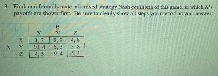 3. Find, and formally state, all mixed strategy Nash equilibria of this game, in which A's
payoffs are shown first. Be sure to clearly show all steps you use to find your answer!
B
X
Y
Z
X
3,7
8,9
4,8
Y
10,4
6,3 3,8
Z
4, 5
9,4
5,3
A