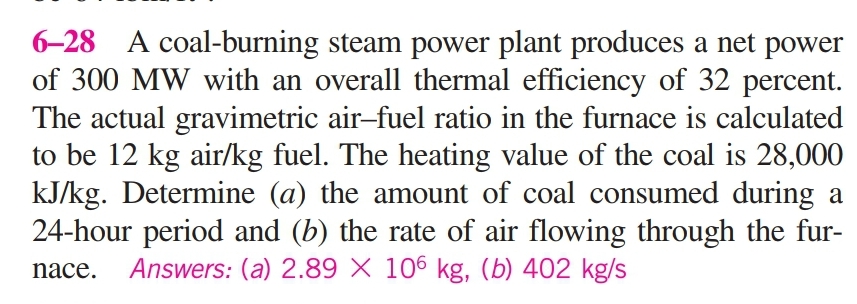 6-28 A coal-burning steam power plant produces a net power
of 300 MW with an overall thermal efficiency of 32 percent.
The actual gravimetric air-fuel ratio in the furnace is calculated
to be 12 kg air/kg fuel. The heating value of the coal is 28,000
kJ/kg. Determine (a) the amount of coal consumed during a
24-hour period and (b) the rate of air flowing through the fur-
Answers: (a) 2.89 × 106 kg, (b) 402 kg/s
nace.
