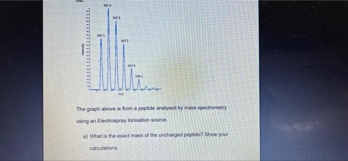 intensity
*******
567.3
547.1
567.5
567.7
567.9
568.1
The graph above is from a peptide analysed by mass spectrometry
using an Electrospray lonisation source.
a) What is the exact mass of the uncharged peptide? Show your
calculations.