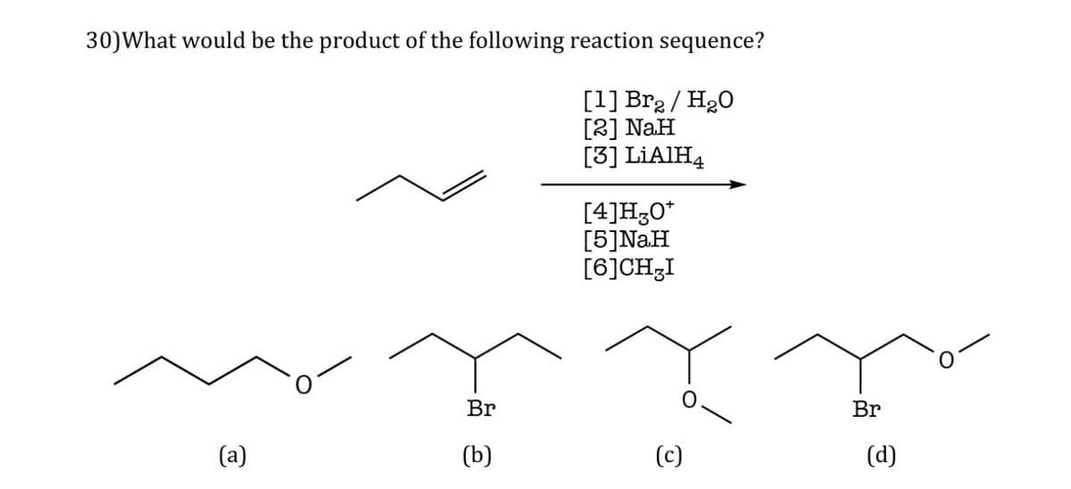 30) What would be the product of the following reaction sequence?
[1] Br₂ / H₂O
[2] NaH
Br
[3] LiAlH4
[4] H30*
[5] NaH
[6] CHZI
(a)
(b)
(c)
Br
(d)