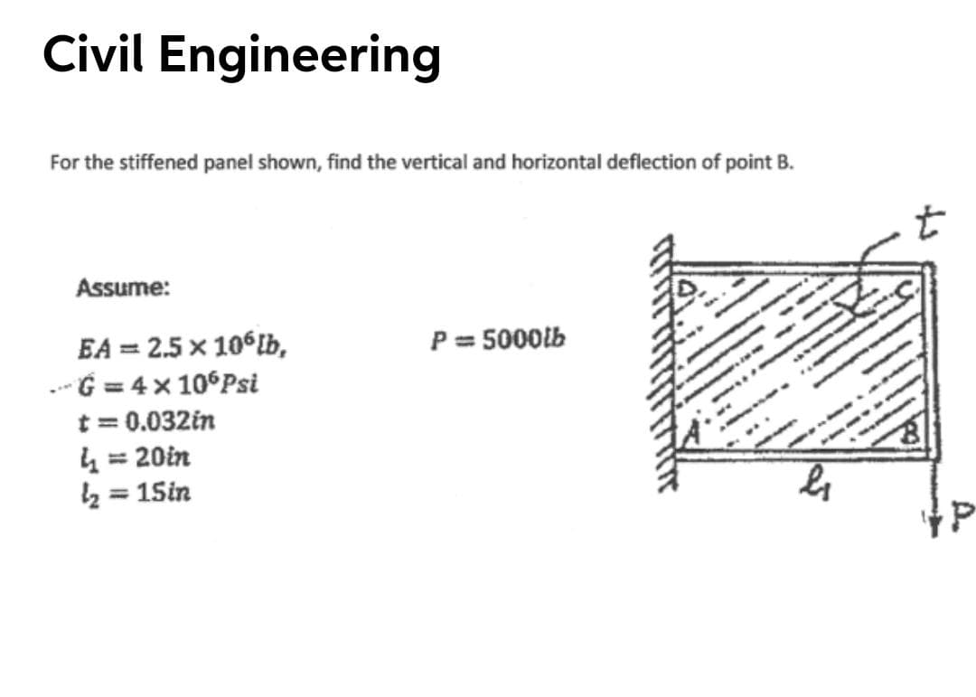 Civil Engineering
For the stiffened panel shown, find the vertical and horizontal deflection of point B.
t
Assume:
EA = 2.5 x 10 lb,
-- G = 4x 10°Psi
t = 0.032in
4 = 20in
½ = 15in
P = 5000lb
