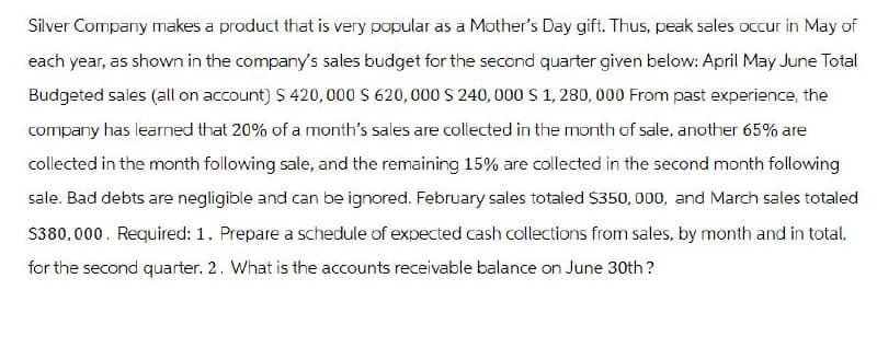 Silver Company makes a product that is very popular as a Mother's Day gift. Thus, peak sales occur in May of
each year, as shown in the company's sales budget for the second quarter given below: April May June Total
Budgeted sales (all on account) $ 420,000 $ 620,000 $ 240,000 $ 1, 280, 000 From past experience, the
company has learned that 20% of a month's sales are collected in the month of sale, another 65% are
collected in the month following sale, and the remaining 15% are collected in the second month following
sale. Bad debts are negligible and can be ignored. February sales totaled $350,000, and March sales totaled
$380,000. Required: 1. Prepare a schedule of expected cash collections from sales, by month and in total.
for the second quarter. 2. What is the accounts receivable balance on June 30th?