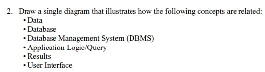 2. Draw a single diagram that illustrates how the following concepts are related:
• Data
• Database
• Database Management System (DBMS)
• Application Logic/Query
• Results
• User Interface
