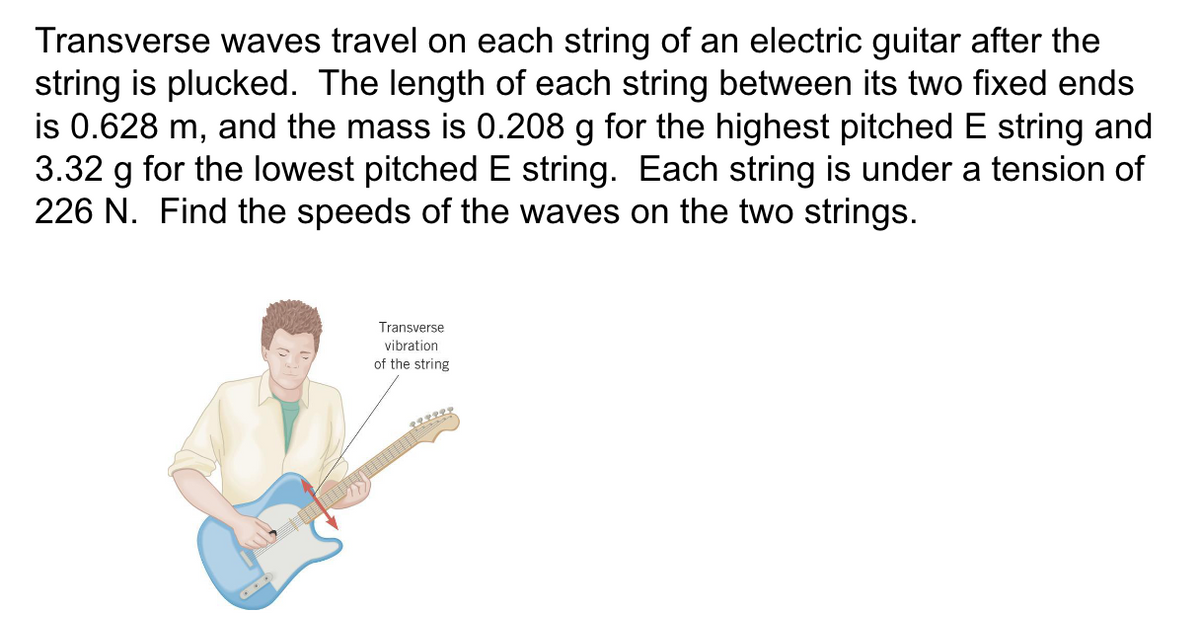 Transverse waves travel on each string of an electric guitar after the
string is plucked. The length of each string between its two fixed ends
is 0.628 m, and the mass is 0.208 g for the highest pitched E string and
3.32 g for the lowest pitched E string. Each string is under a tension of
226 N. Find the speeds of the waves on the two strings.
Transverse
vibration
of the string