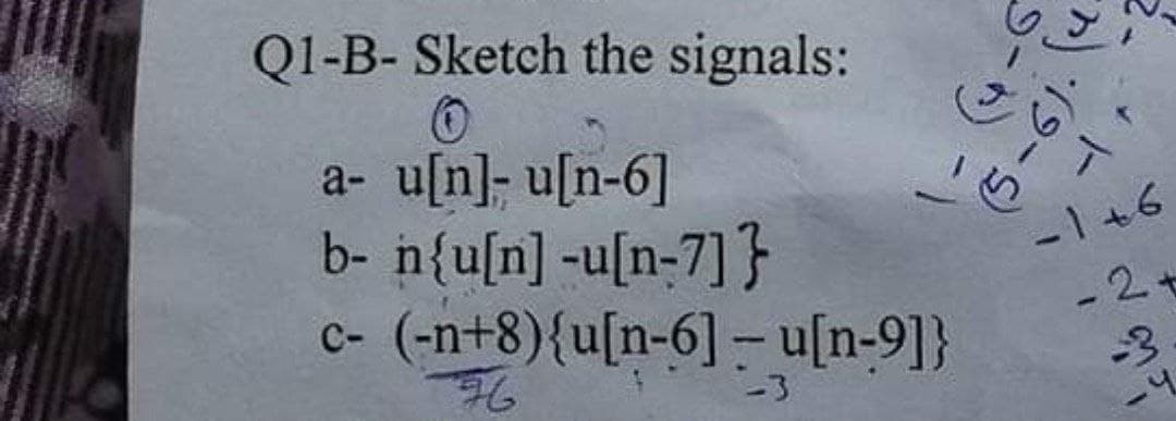 Q1-B- Sketch the signals:
a- u[n]- u[n-6]
b- n{u[n] -u[n=7] ]}
(-n+8){u[n-6] – u[n-9]}
-1+6
-2.
-3

