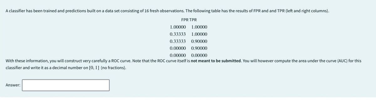 A classifier has been trained and predictions built on a data set consisting of 16 fresh observations. The following table has the results of FPR and and TPR (left and right columns).
FPR TPR
1.00000 1.00000
0.33333 1.00000
0.33333 0.90000
0.00000 0.90000
0.00000 0.00000
With these information, you will construct very carefully a ROC curve. Note that the ROC curve itself is not meant to be submitted. You will however compute the area under the curve (AUC) for this
classifier and write it as a decimal number on [0, 1] (no fractions).
Answer: