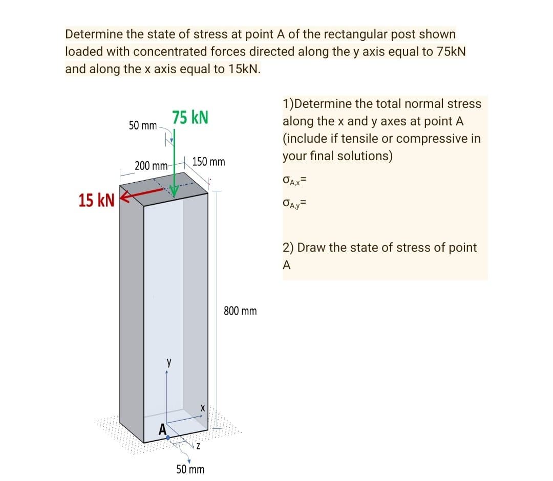 Determine the state of stress at point A of the rectangular post shown
loaded with concentrated forces directed along the y axis equal to 75kN
and along the x axis equal to 15kN.
1)Determine the total normal stress
along the x and y axes at point A
(include if tensile or compressive in
your final solutions)
75 kN
50 mm
200 mm-
150 mm
OAx=
15 kN
OAy=
2) Draw the state of stress of point
A
800 mm
A
50 mm
