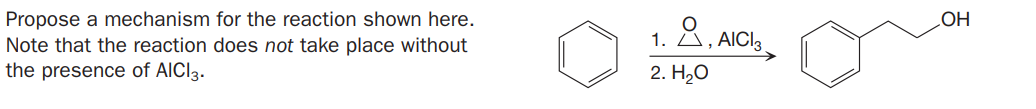 OH
Propose a mechanism for the reaction shown here.
Note that the reaction does not take place without
the presence of AICI3.
8, AICI3
2. H2O
