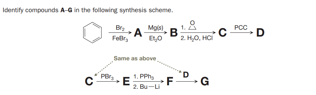 Identify compounds A-G in the following synthesis scheme.
Mg(s)
A
В
Et,0
1. 2
2. Н,О, НСІ
РСС
D
Br2
FeBr3
Same as above
PBr3
C
1. PPH3
E
2. Bu-Li
D
F
