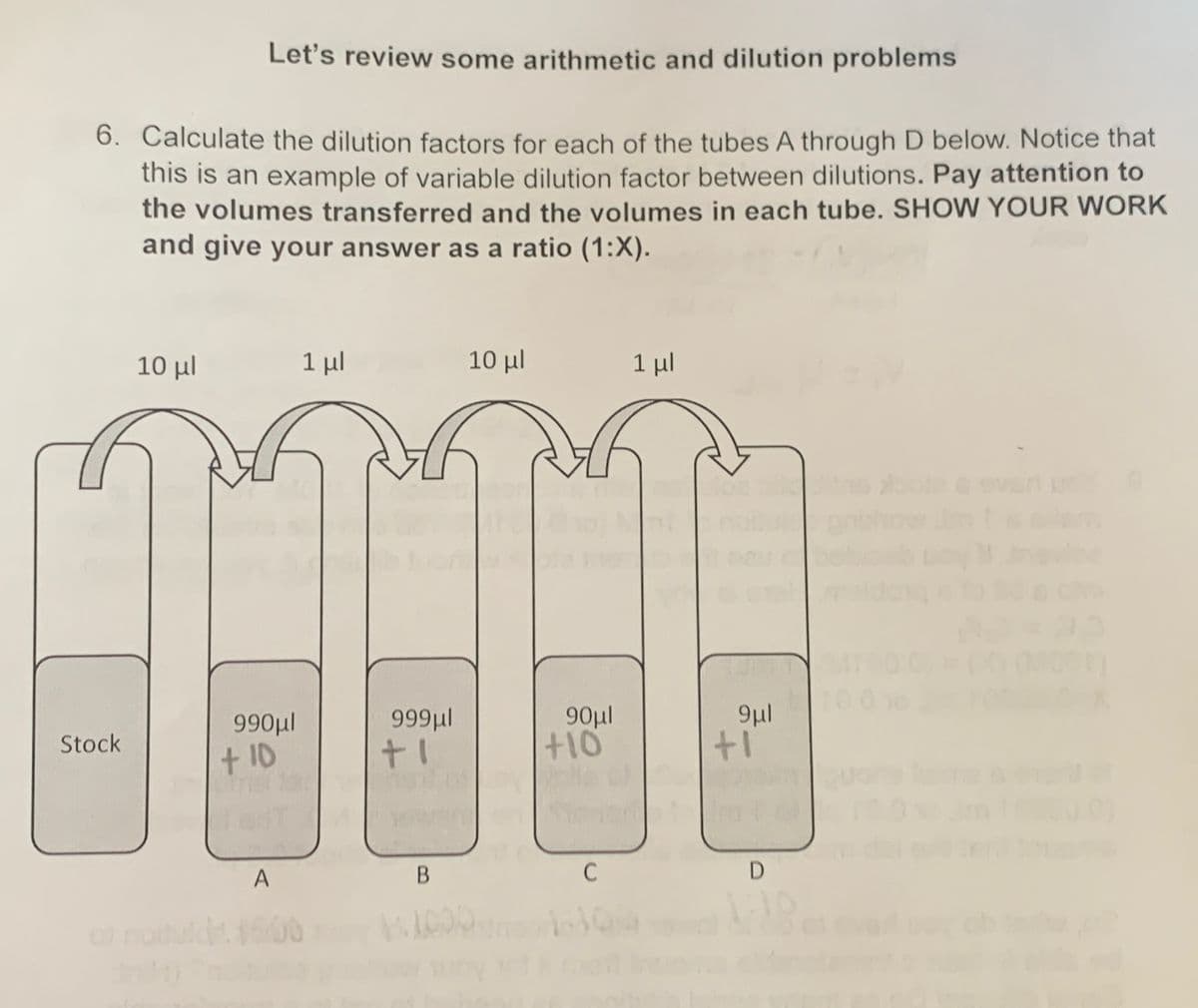 6. Calculate the dilution factors for each of the tubes A through D below. Notice that
this is an example of variable dilution factor between dilutions. Pay attention to
the volumes transferred and the volumes in each tube. SHOW YOUR WORK
and give your answer as a ratio (1:X).
Stock
10 μ.
Let's review some arithmetic and dilution problems
of noitu
990μl
+ 10
A
1 μl
999μl
+1
B
10 μ.
90μl
+10
C
1 μ.
Loe plic
9μl
+1
D