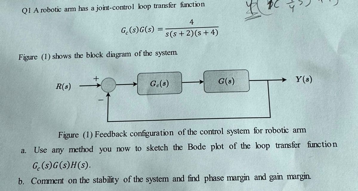 Q1 A robotic arm has a joint-control loop transfer function
R(s)
Ge(s) G(s) =
Figure (1) shows the block diagram of the system.
+
4
s(s + 2) (s + 4)
Ge(s)
G(s)
Y(s)
Figure (1) Feedback configuration of the control system for robotic arm
a. Use any method you now to sketch the Bode plot of the loop transfer function
Ge(s)G(s)H(s).
b. Comment on the stability of the system and find phase margin and gain margin.
