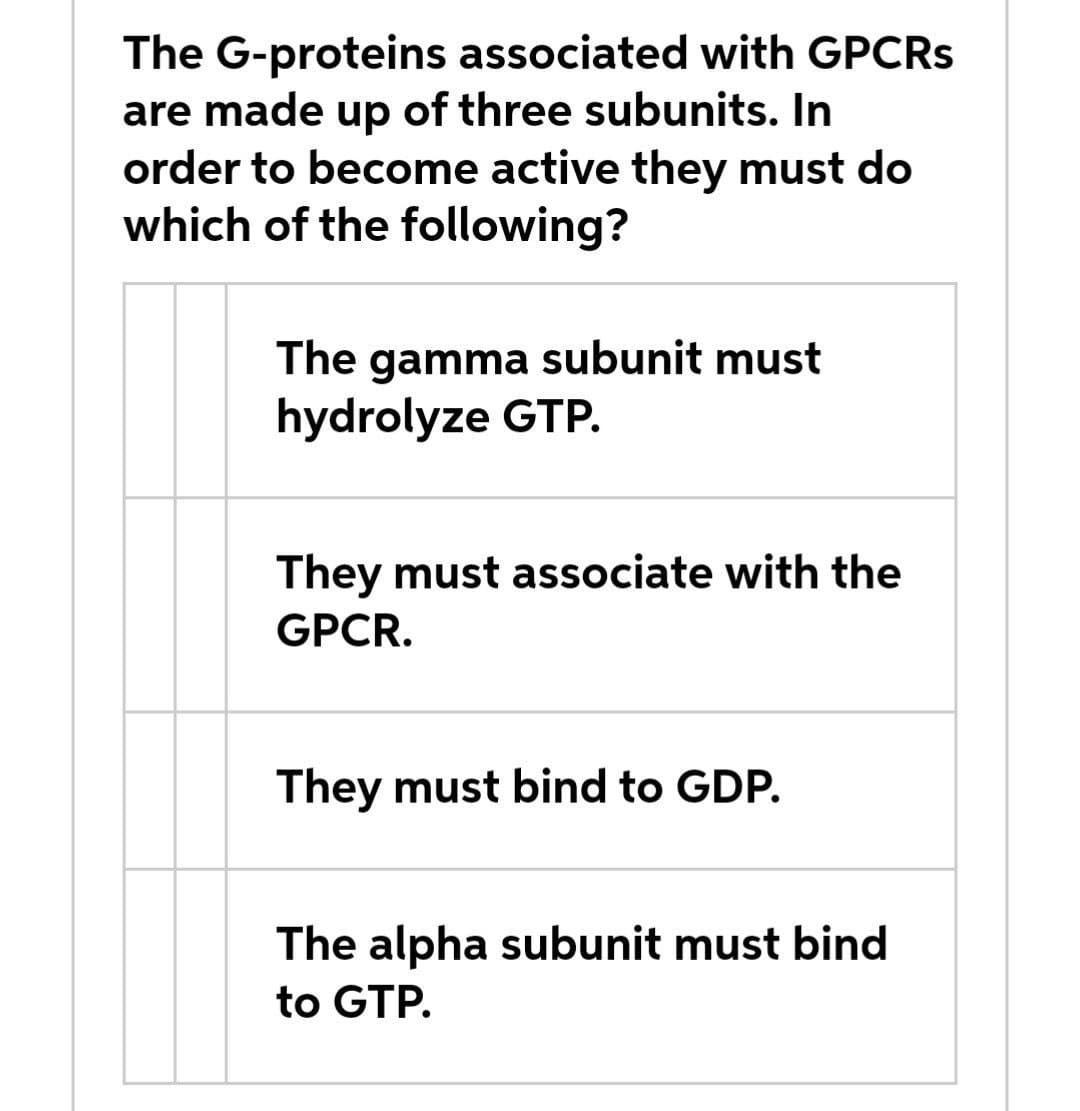 The G-proteins associated with GPCRS
are made up of three subunits. In
order to become active they must do
which of the following?
The gamma subunit must
hydrolyze GTP.
They must associate with the
GPCR.
They must bind to GDP.
The alpha subunit must bind
to GTP.

