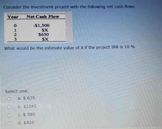 Consider the investment project with the following net cash flows
Year
Net Cash Flow
-$1,500
SX
S650
SX
1
3
What would be the estimate value of X if the project IRR is 10 %
Select one:
a. $ 635
b. $1045
C. $ 580
d. $420
