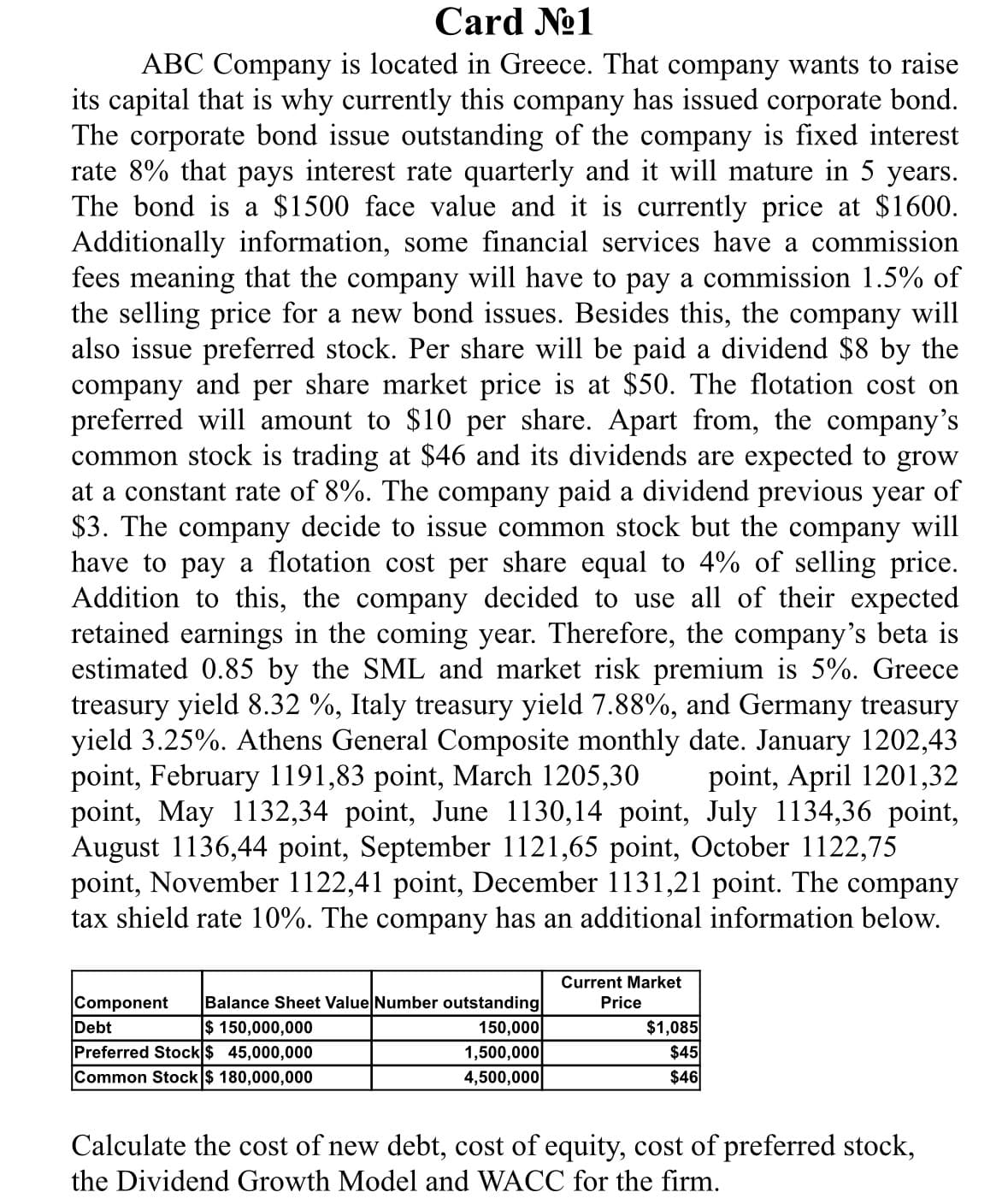 Card №1
ABC Company is located in Greece. That company wants to raise
its capital that is why currently this company has issued corporate bond.
The corporate bond issue outstanding of the company is fixed interest
rate 8% that pays interest rate quarterly and it will mature in 5 years.
The bond is a $1500 face value and it is currently price at $1600.
Additionally information, some financial services have a commission
fees meaning that the company will have to pay a commission 1.5% of
the selling price for a new bond issues. Besides this, the company will
also issue preferred stock. Per share will be paid a dividend $8 by the
company and per share market price is at $50. The flotation cost on
preferred will amount to $10 per share. Apart from, the company's
common stock is trading at $46 and its dividends are expected to grow
at a constant rate of 8%. The company paid a dividend previous year of
$3. The company decide to issue common stock but the company will
have to pay a flotation cost per share equal to 4% of selling price.
Addition to this, the company decided to use all of their expected
retained earnings in the coming year. Therefore, the company's beta is
estimated 0.85 by the SML and market risk premium is 5%. Greece
treasury yield 8.32 %, Italy treasury yield 7.88%, and Germany treasury
yield 3.25%. Athens General Composite monthly date. January 1202,43
point, February 1191,83 point, March 1205,30 point, April 1201,32
point, May 1132,34 point, June 1130,14 point, July 1134,36 point,
August 1136,44 point, September 1121,65 point, October 1122,75
point, November 1122,41 point, December 1131,21 point. The company
tax shield rate 10%. The company has an additional information below.
Current Market
Component
Debt
Preferred Stock $ 45,000,000
Balance Sheet Value Number outstanding
Price
$ 150,000,000
150,000
$1,085
1,500,000
$45
Common Stock $ 180,000,000
4,500,000
$46
Calculate the cost of new debt, cost of equity, cost of preferred stock,
the Dividend Growth Model and WACC for the firm.
