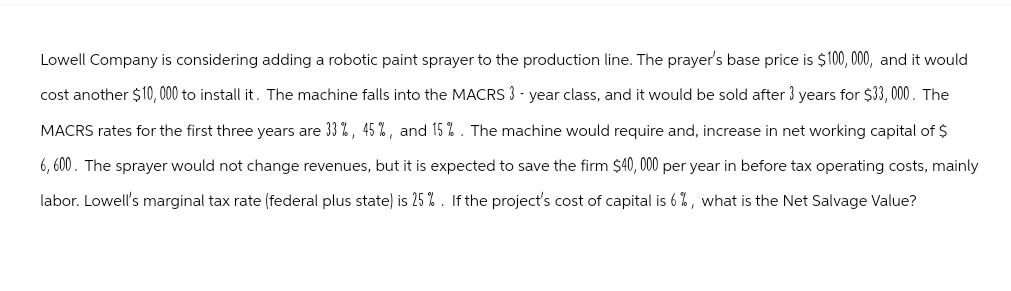 Lowell Company is considering adding a robotic paint sprayer to the production line. The prayer's base price is $100,000, and it would
cost another $10,000 to install it. The machine falls into the MACRS 3-year class, and it would be sold after 3 years for $33,000. The
MACRS rates for the first three years are 33%, 45%, and 15%. The machine would require and, increase in net working capital of $
6,600. The sprayer would not change revenues, but it is expected to save the firm $40,000 per year in before tax operating costs, mainly
labor. Lowell's marginal tax rate (federal plus state) is 25%. If the project's cost of capital is 6%, what is the Net Salvage Value?