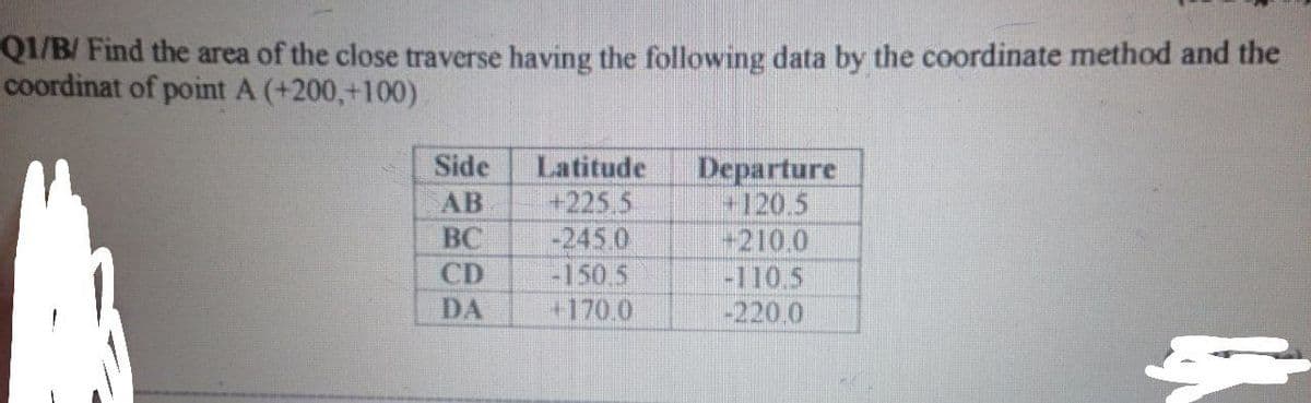 Q1/B/ Find the area of the close traverse having the following data by the coordinate method and the
coordinat of point A (+200,+100)
Side
Latitude
Departure
+120.5
AB
+225.5
BC
-245.0
+210.0
CD
-150.5
-110.5
-220.0
DA
+170.0
$