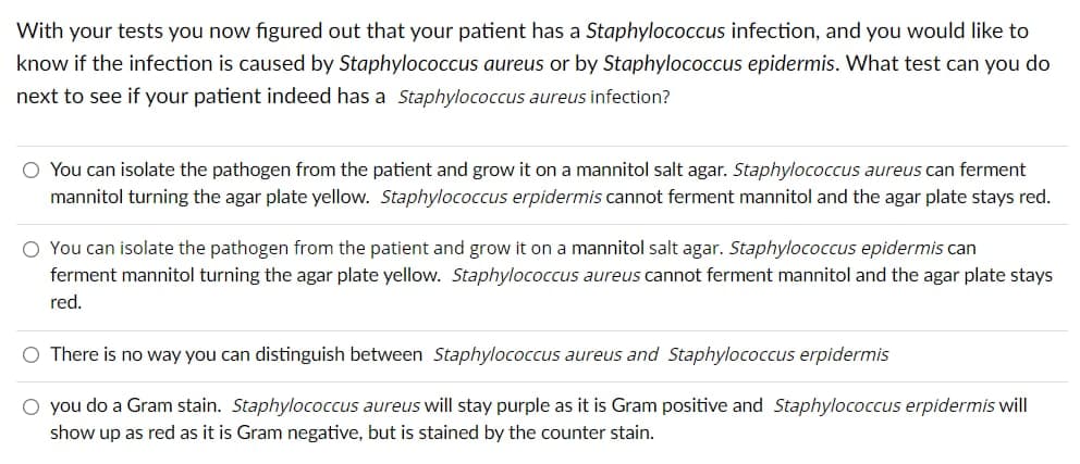 With your tests you now figured out that your patient has a Staphylococcus infection, and you would like to
know if the infection is caused by Staphylococcus aureus or by Staphylococcus epidermis. What test can you do
next to see if your patient indeed has a Staphylococcus aureus infection?
O You can isolate the pathogen from the patient and grow it on a mannitol salt agar. Staphylococcus aureus can ferment
mannitol turning the agar plate yellow. Staphylococcus erpidermis cannot ferment mannitol and the agar plate stays red.
O You can isolate the pathogen from the patient and grow it on a mannitol salt agar. Staphylococcus epidermis can
ferment mannitol turning the agar plate yellow. Staphylococcus aureus cannot ferment mannitol and the agar plate stays
red.
O There is no way you can distinguish between Staphylococcus aureus and Staphylococcus erpidermis
O you do a Gram stain. Staphylococcus aureus will stay purple as it is Gram positive and Staphylococcus erpidermis will
show up as red as it is Gram negative, but is stained by the counter stain.
